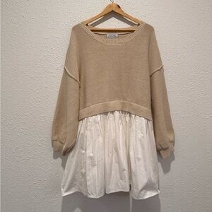 Zoco wells slouchy tan sweater dress combo flowy white skirt large